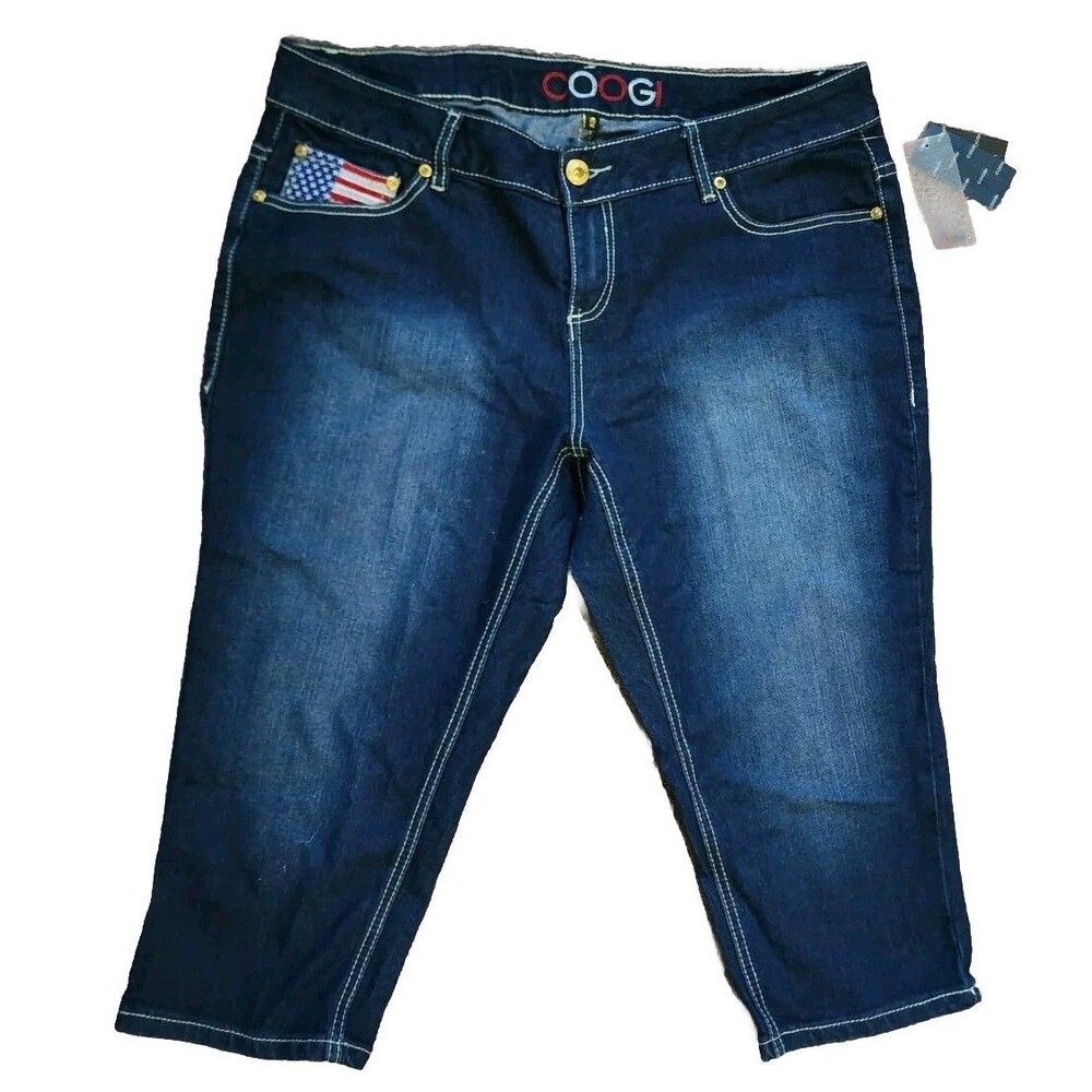 New Coogi Blue Jeans embroidered/Rhinestones Flag capri Cropped Pants sz 16 W